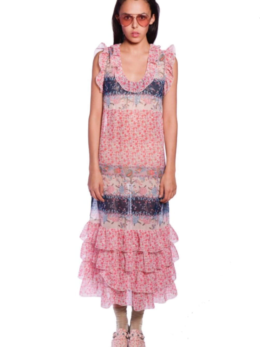 ANNA SUI Paisley Garden Border Ruffle Midi Dress Retro Pink Tiered Maxi shift